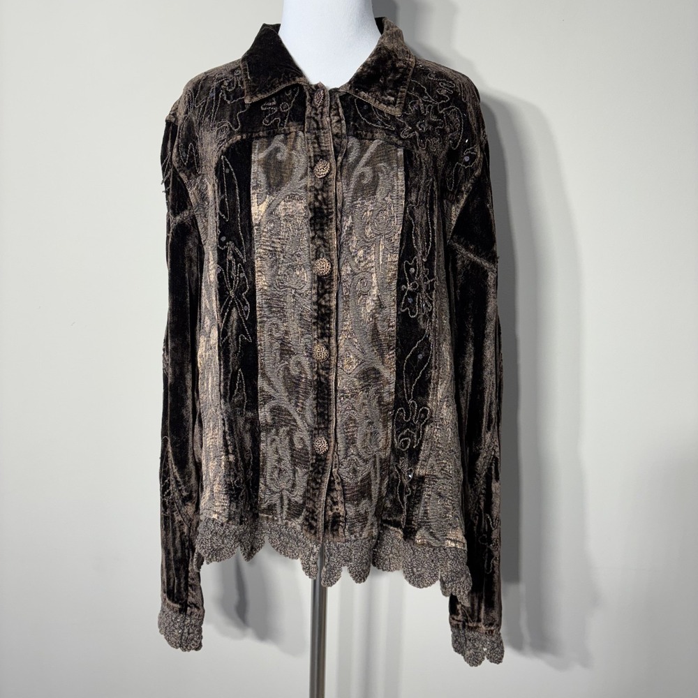 Whimsigoth Gothic Flashback Jacket 2X Brown Velvet Lace Embroidered Patchwork